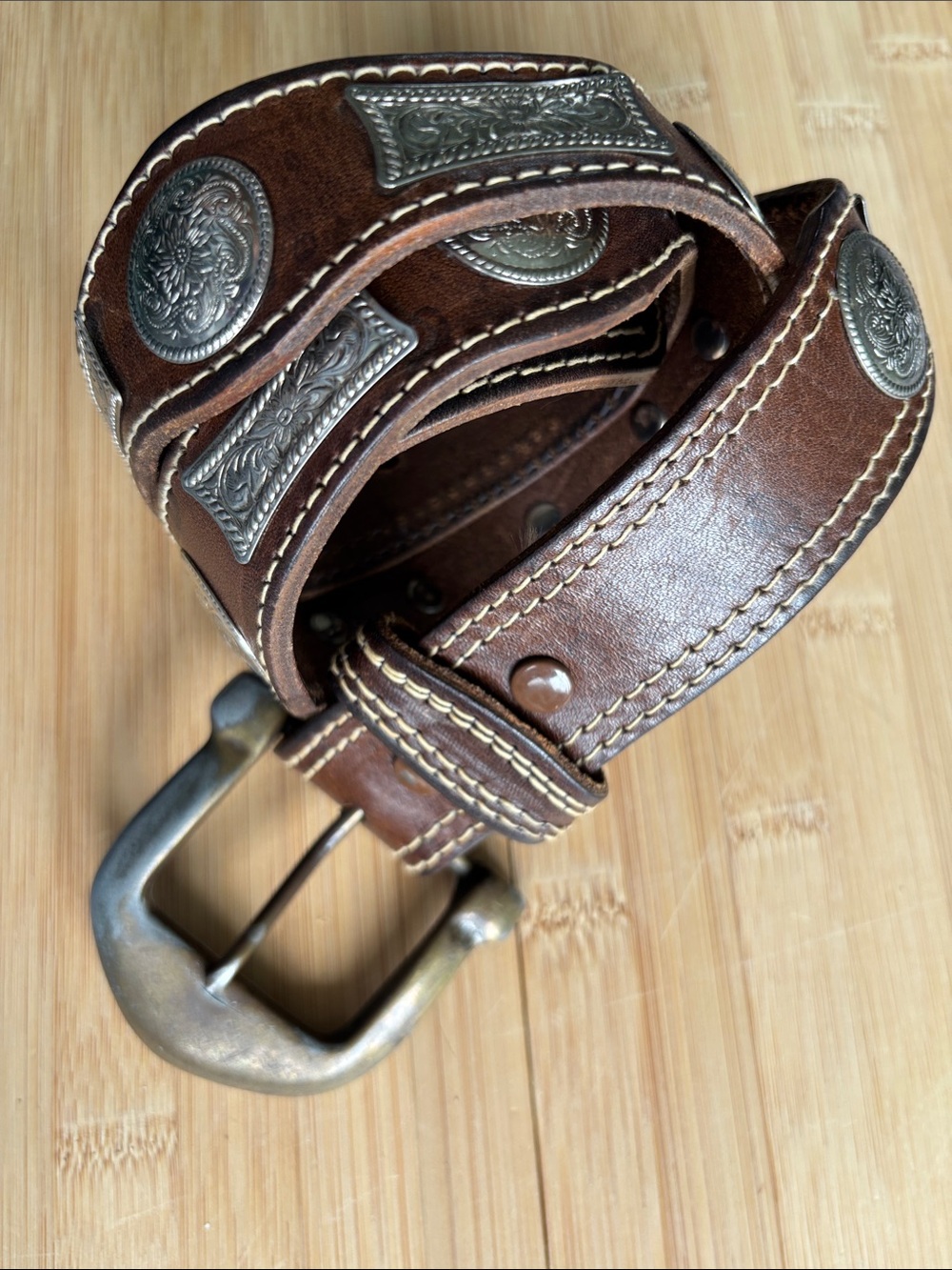 Vintage Western Brown Leather Belt with Decorative silver accents